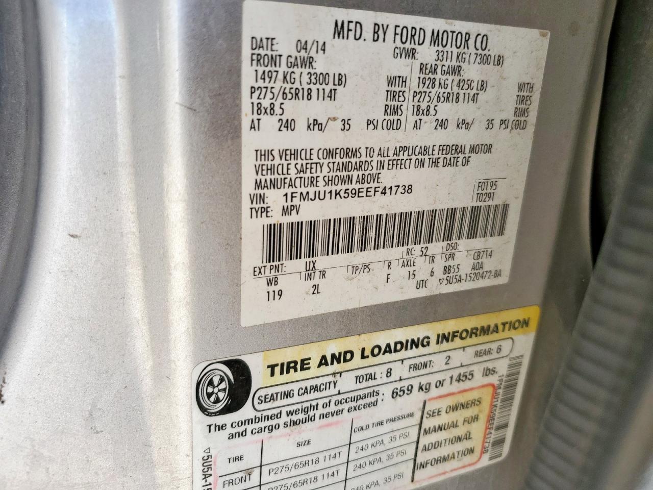 2014 Ford Expedition Limited VIN: 1FMJU1K59EEF41738 Lot: 85702055