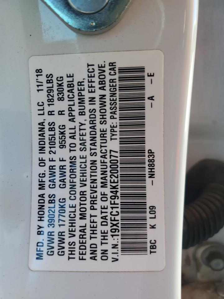 2019 Honda Civic Touring VIN: 19XFC1F94KE200077 Lot: 84920195