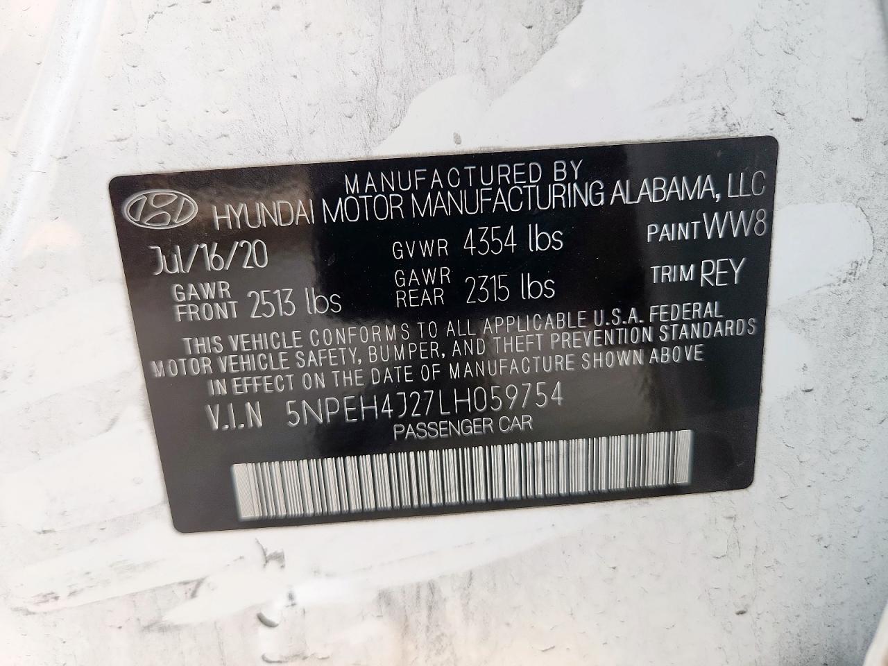 2020 Hyundai Sonata Limited VIN: 5NPEH4J27LH059754 Lot: 84618815