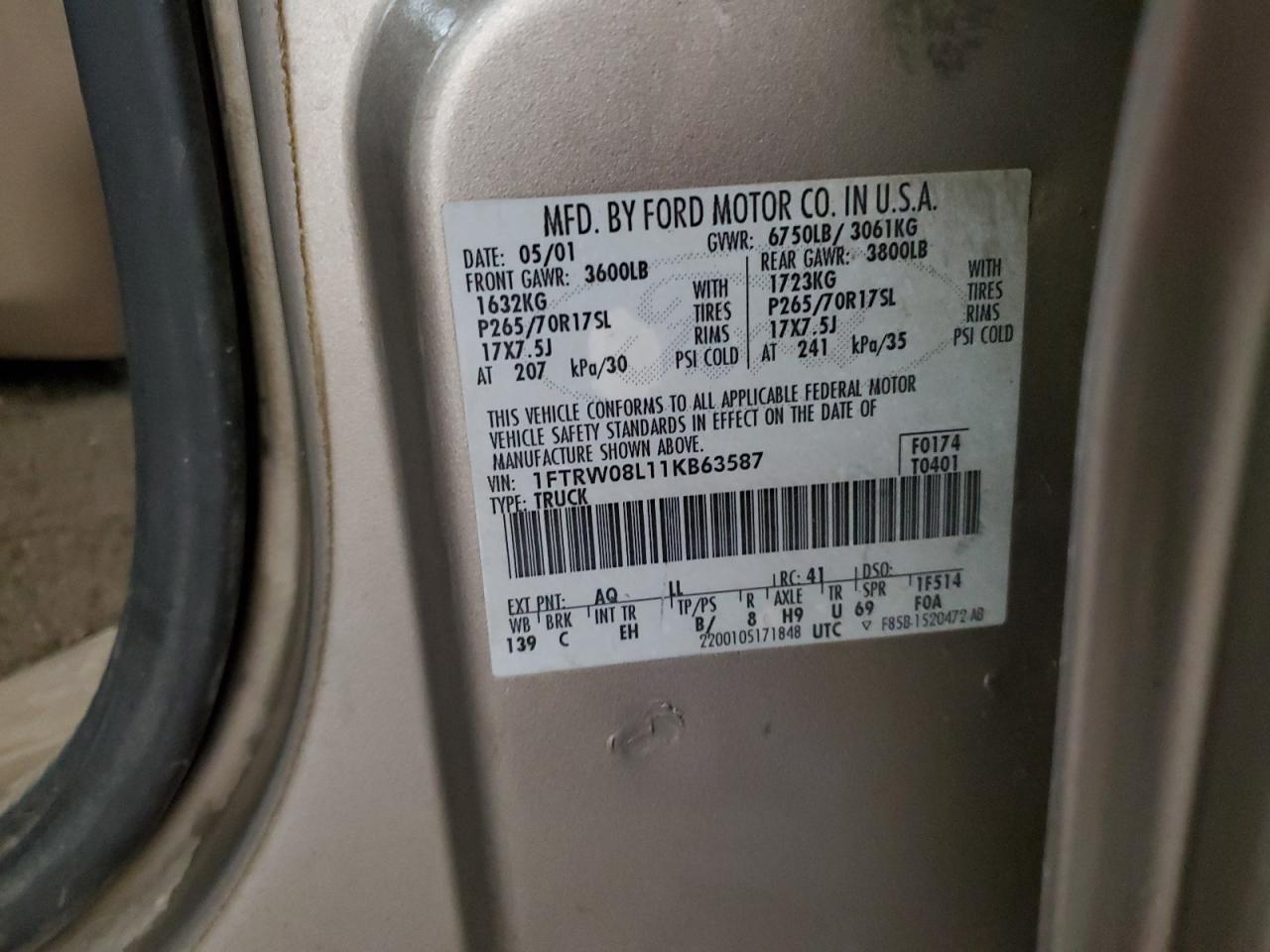2001 Ford F150 Supercrew VIN: 1FTRW08L11KB63587 Lot: 90266225