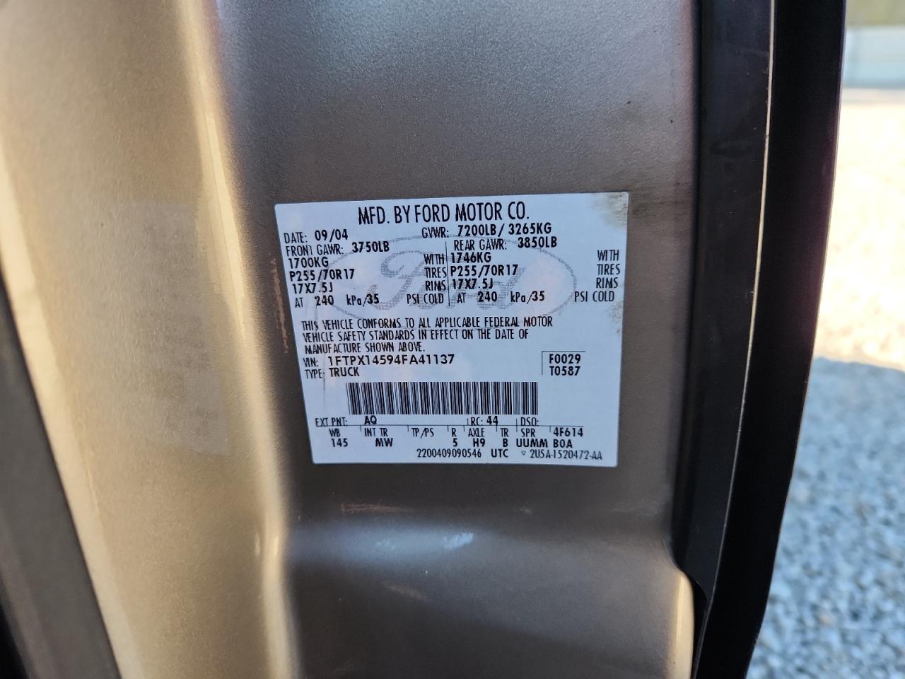 2004 Ford F150 VIN: 1FTPX14594FA41137 Lot: 86285385