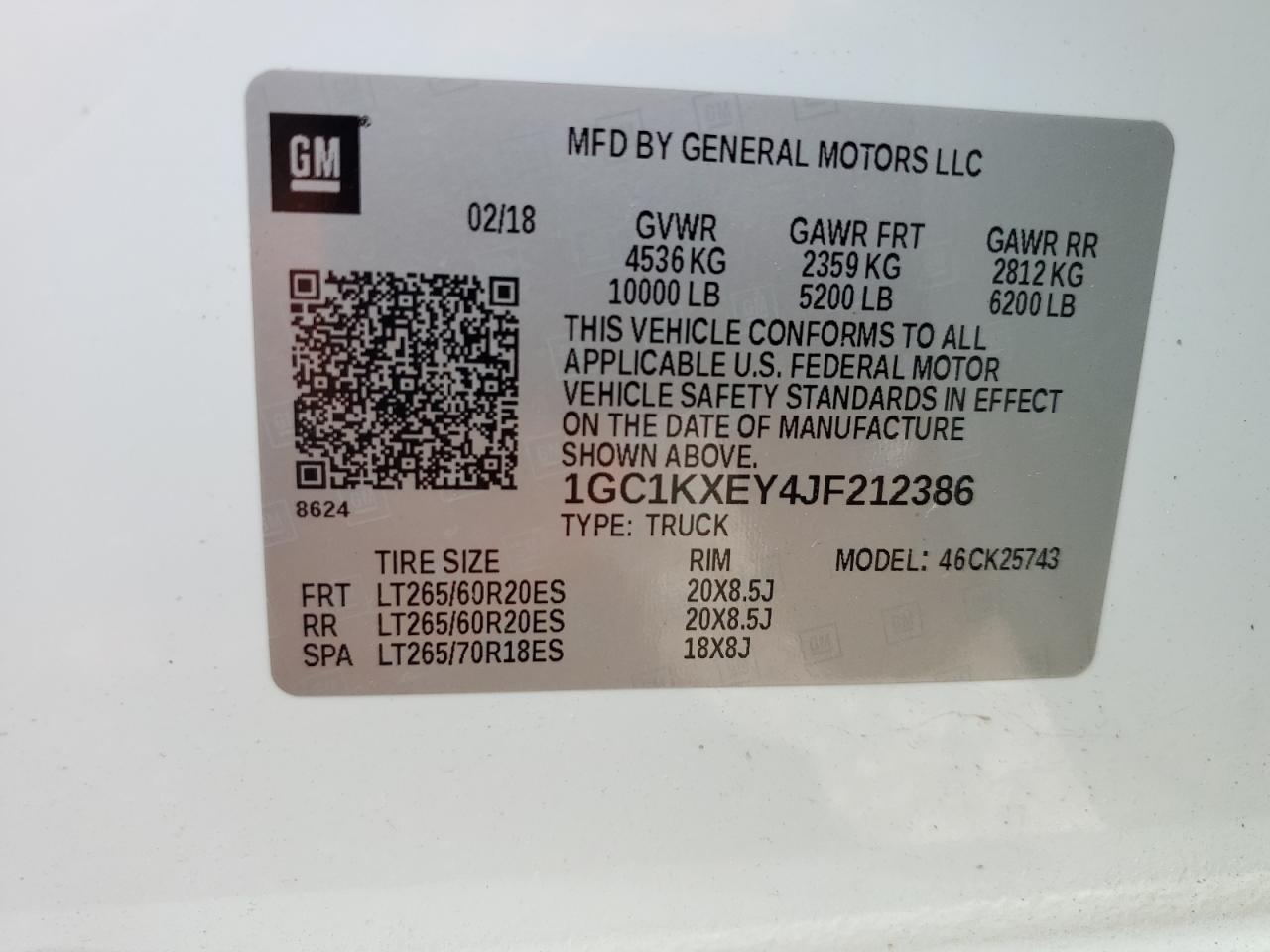 2018 Chevrolet Silverado K2500 High Country VIN: 1GC1KXEY4JF212386 Lot: 85098005