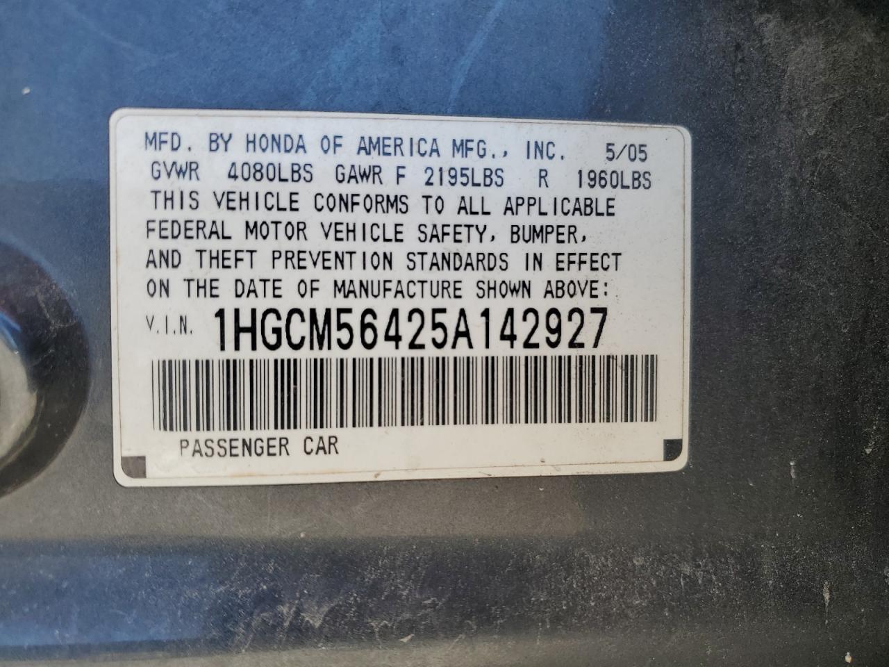 2005 Honda Accord Lx VIN: 1HGCM56425A142927 Lot: 84926065