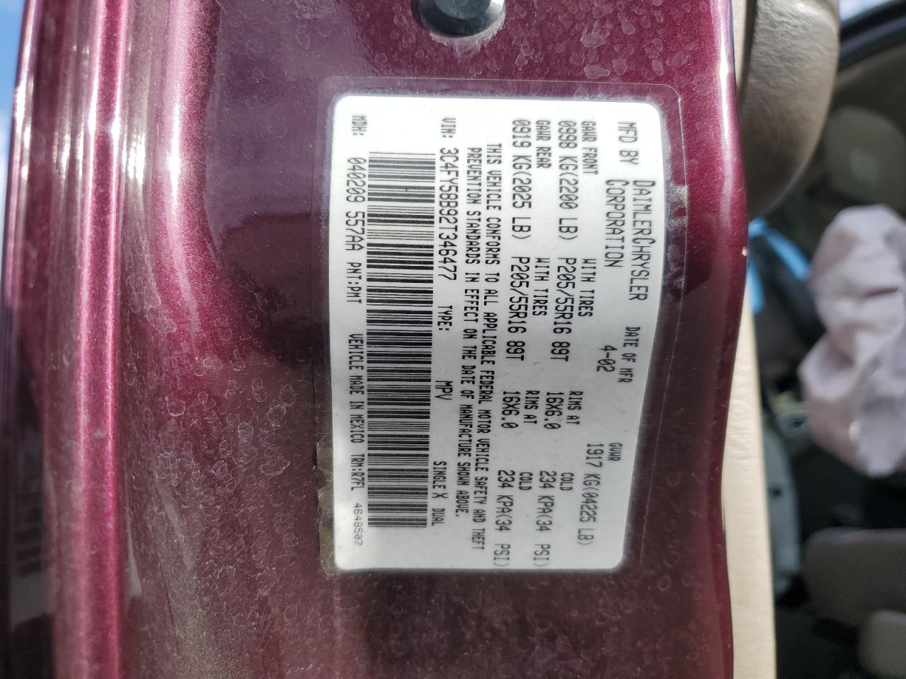 2002 Chrysler Pt Cruiser Touring VIN: 3C4FY58B92T346477 Lot: 82337625