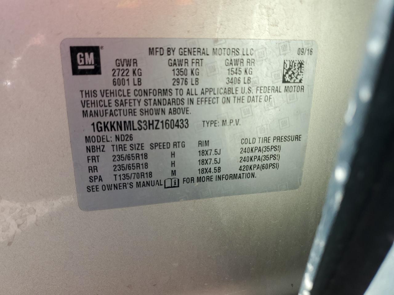 2017 GMC Acadia Slt-1 VIN: 1GKKNMLS3HZ160433 Lot: 90317845