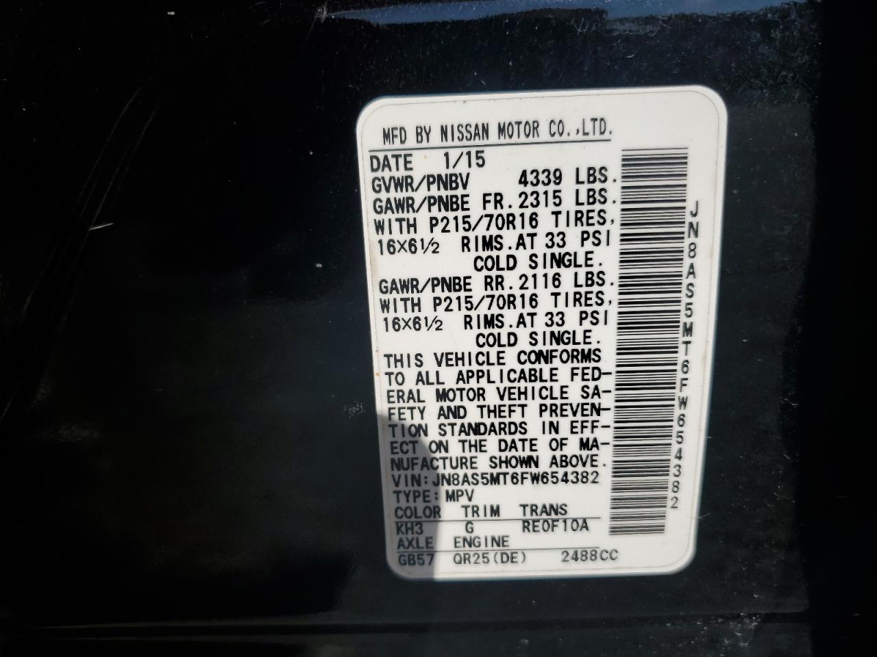 2015 Nissan Rogue Select S VIN: JN8AS5MT6FW654382 Lot: 85892435