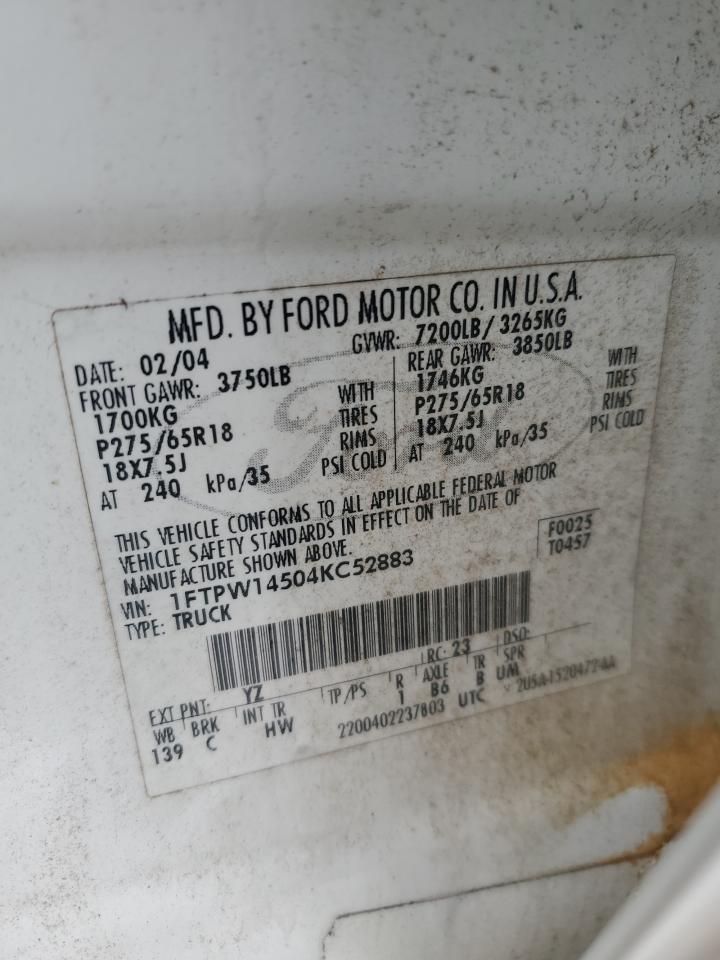 2004 Ford F150 Supercrew VIN: 1FTPW14504KC52883 Lot: 90324395