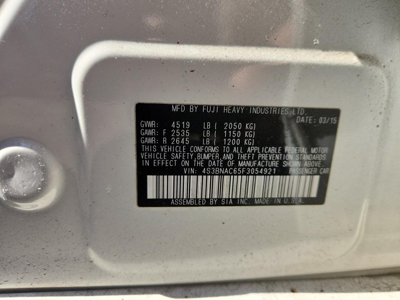 2015 Subaru Legacy 2.5I Premium VIN: 4S3BNAC65F3054921 Lot: 87206605