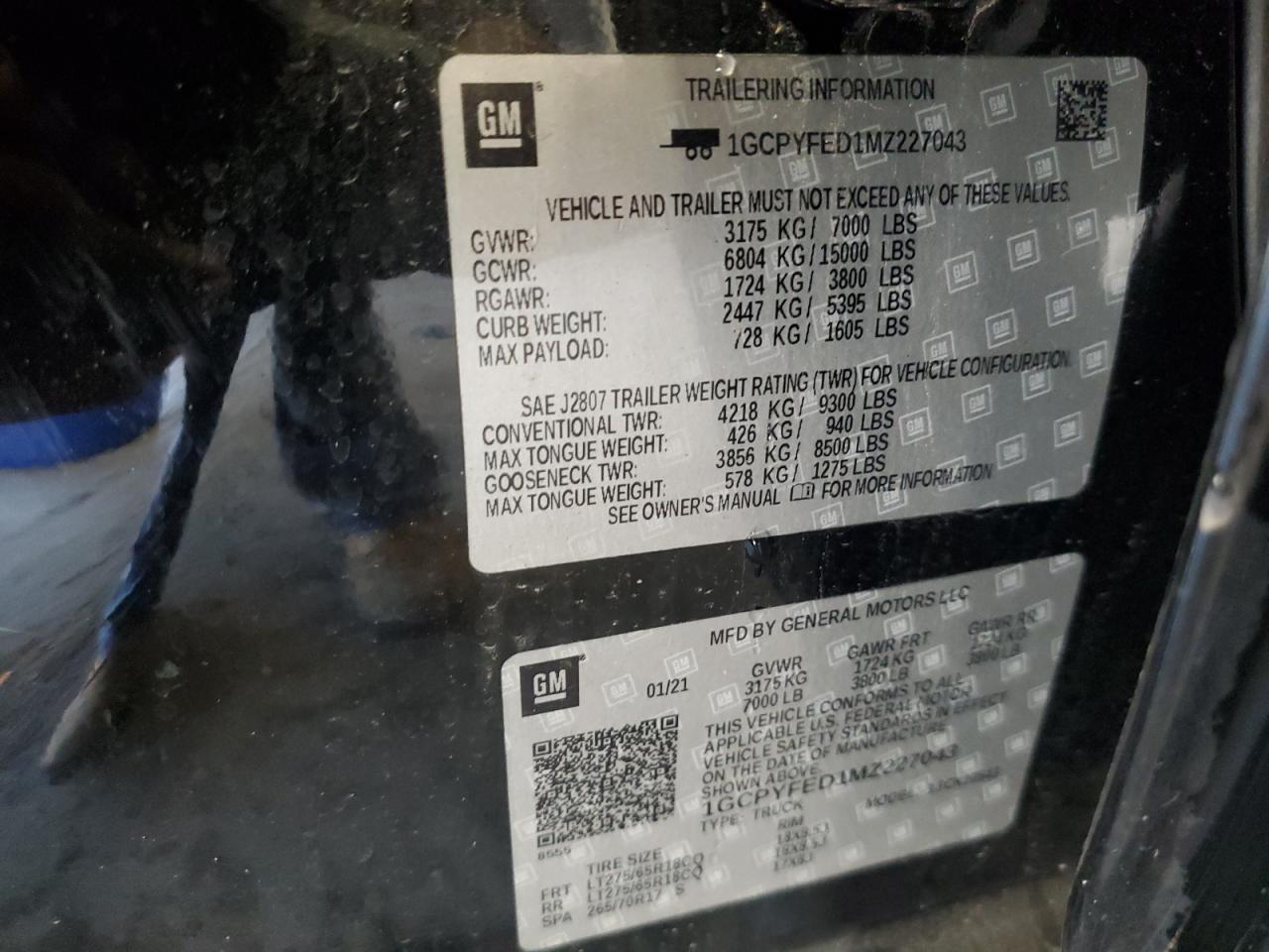 2021 Chevrolet Silverado K1500 Lt Trail Boss VIN: 1GCPYFED1MZ227043 Lot: 85163335