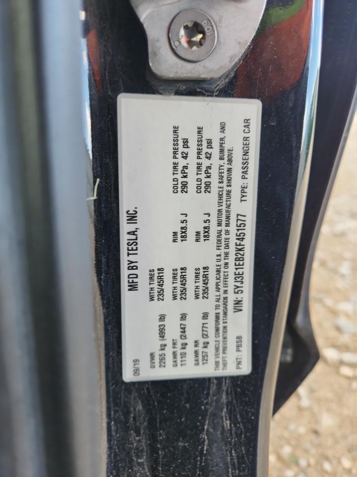 2019 Tesla Model 3 VIN: 5YJ3E1EB2KF451577 Lot: 85944345