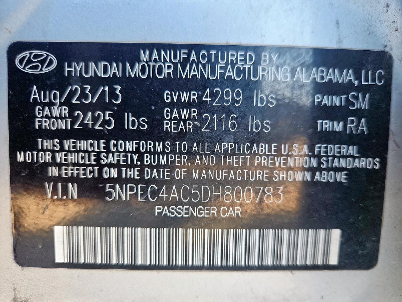 2013 Hyundai Sonata Se VIN: 5NPEC4AC5DH800783 Lot: 86179405