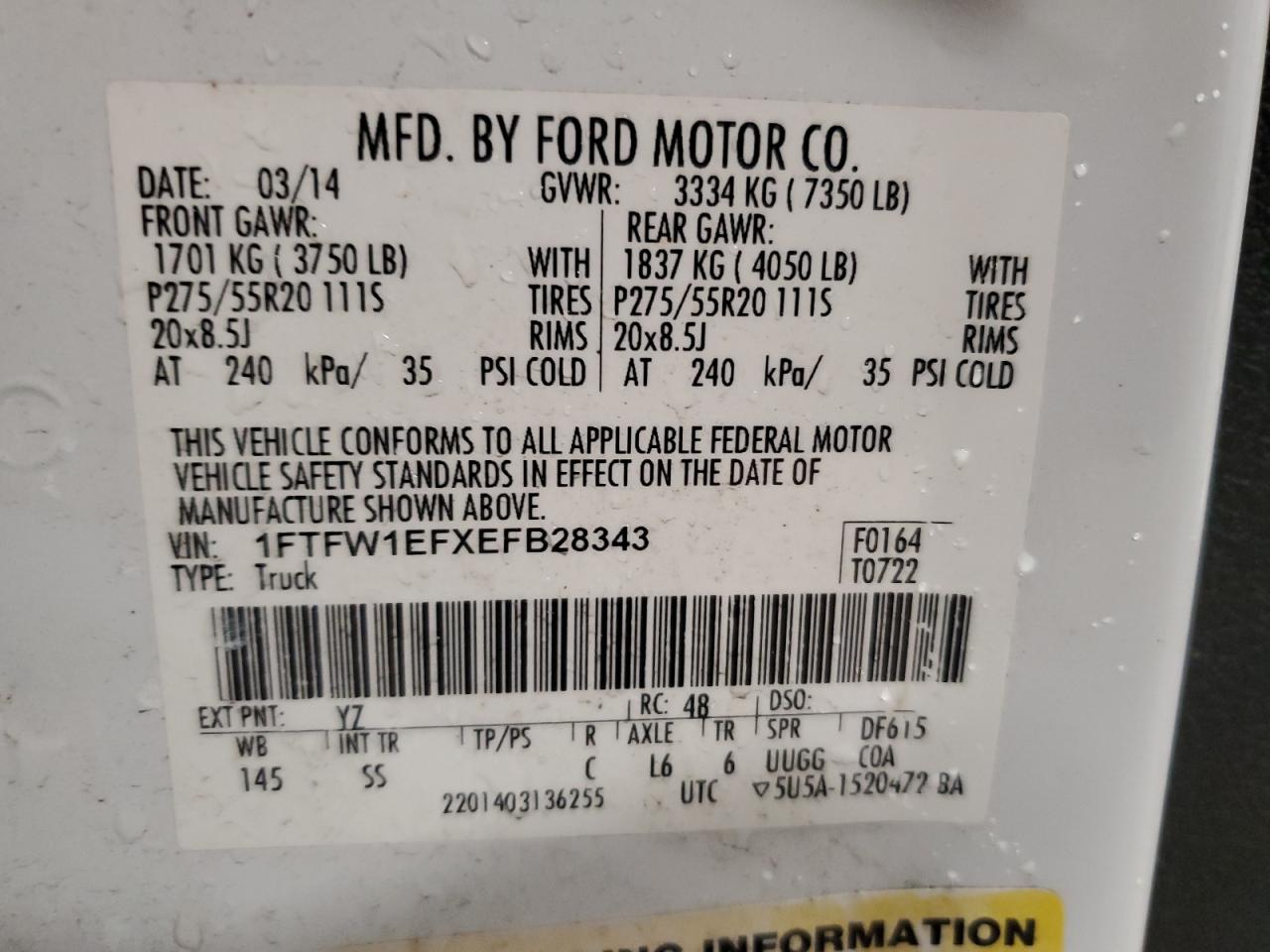 2014 Ford F150 Supercrew VIN: 1FTFW1EFXEFB28343 Lot: 90708055