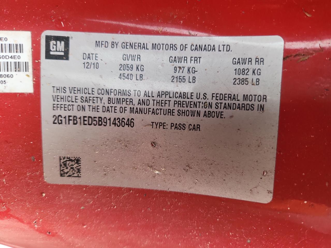 2011 Chevrolet Camaro Lt VIN: 2G1FB1ED5B9143646 Lot: 86273695