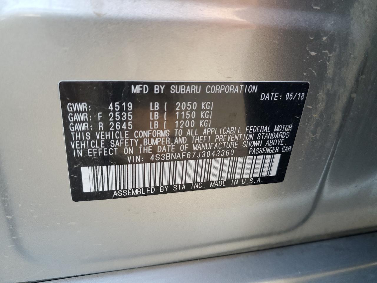 2018 Subaru Legacy 2.5I Premium VIN: 4S3BNAF67J3043360 Lot: 89549545