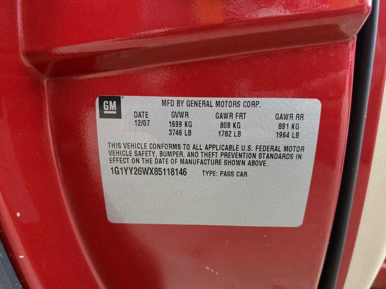 2008 Chevrolet Corvette VIN: 1G1YY26WX85118146 Lot: 81323515