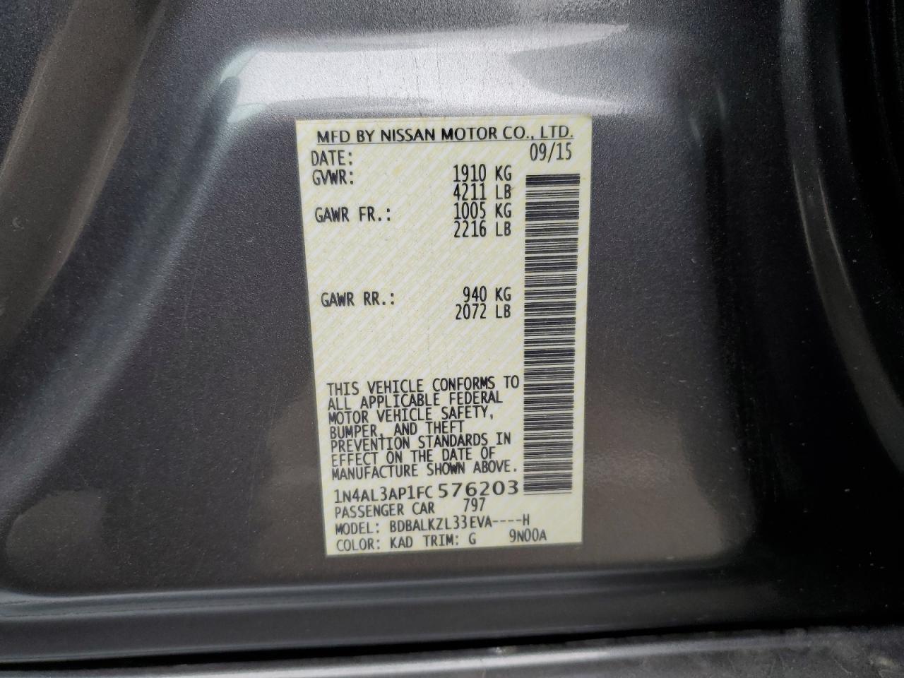 2015 Nissan Altima 2.5 VIN: 1N4AL3AP1FC576203 Lot: 82430625