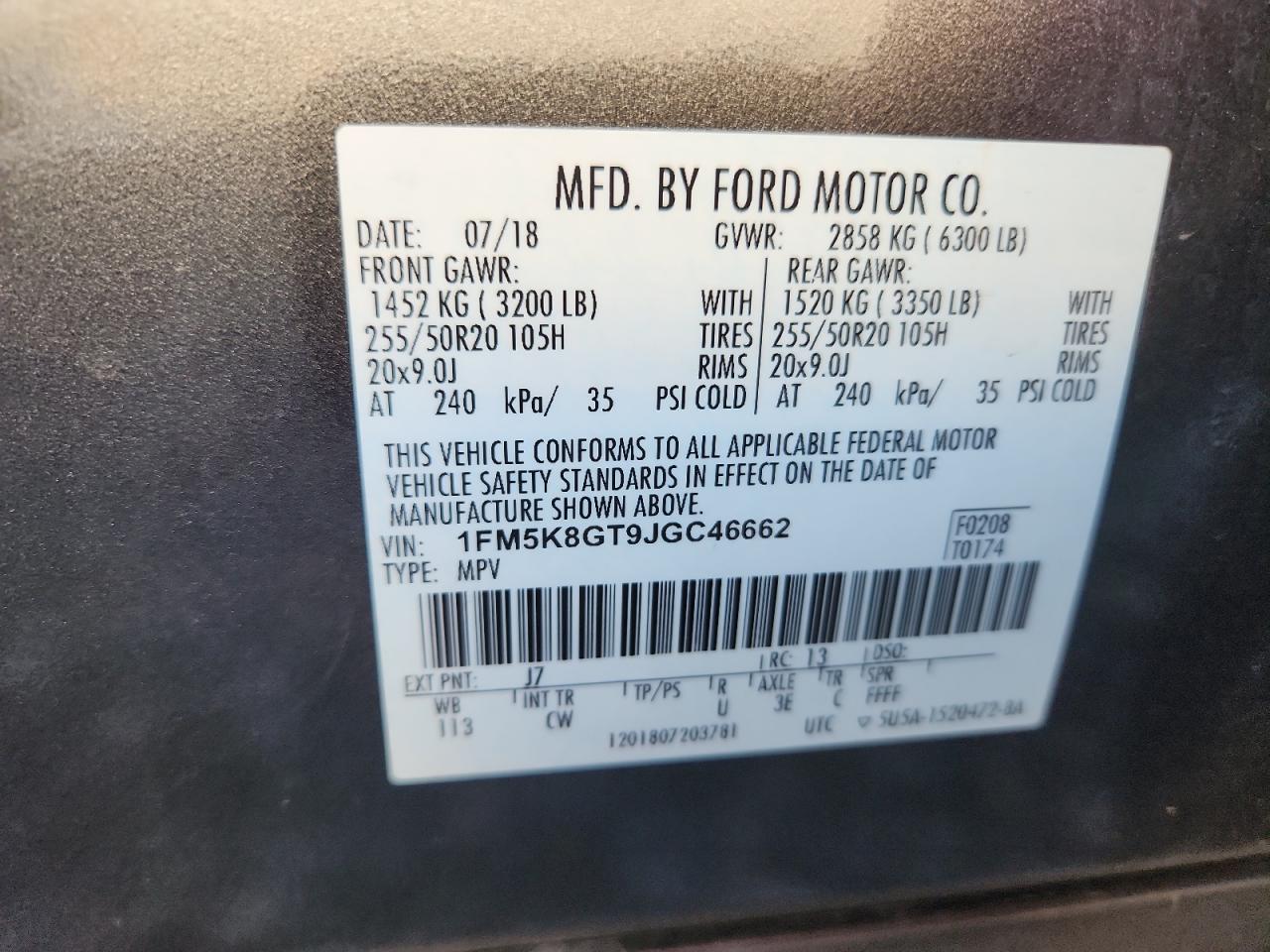 2018 Ford Explorer Sport VIN: 1FM5K8GT9JGC46662 Lot: 85355155