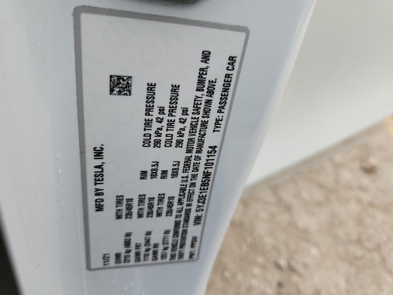 2022 Tesla Model 3 VIN: 5YJ3E1EB5NF101154 Lot: 86154425