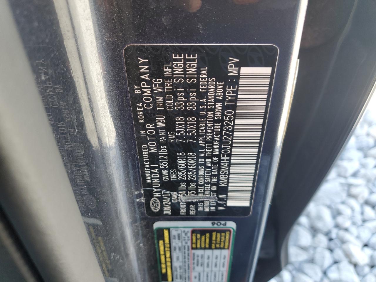 2018 Hyundai Santa Fe Se VIN: KM8SM4HF0JU273250 Lot: 82467755