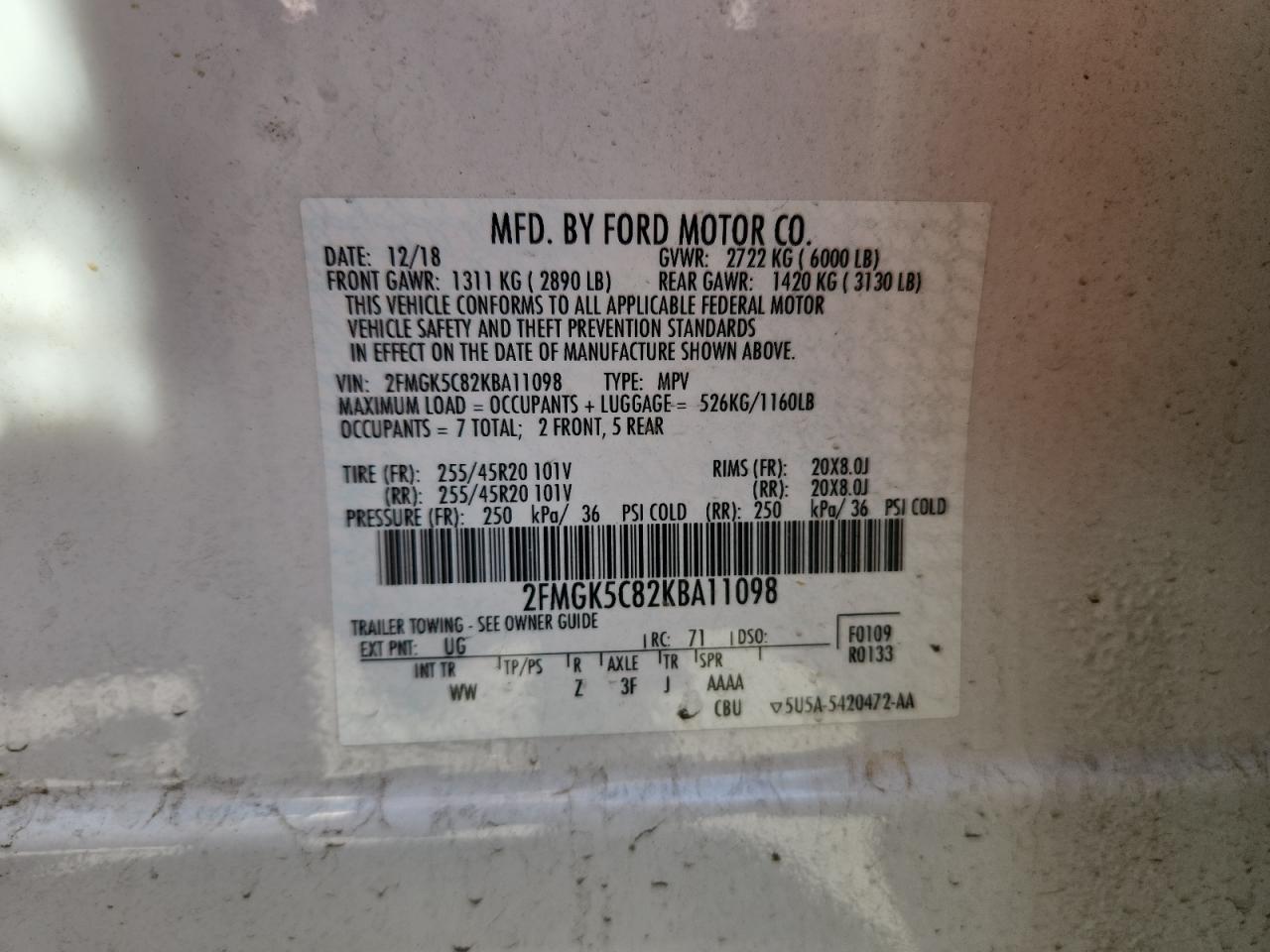 2019 Ford Flex Sel VIN: 2FMGK5C82KBA11098 Lot: 90781045