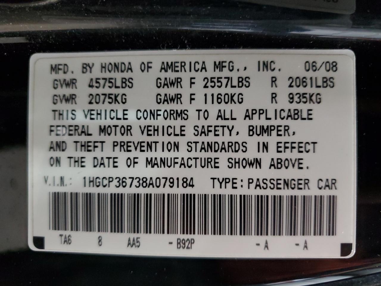 2008 Honda Accord Ex VIN: 1HGCP36738A079184 Lot: 86468955
