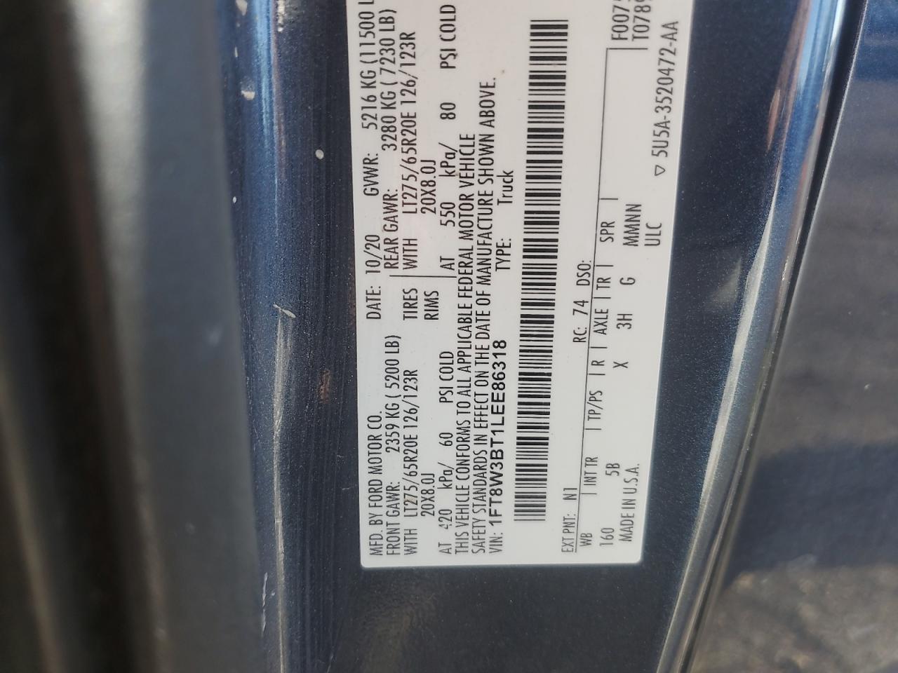 2020 Ford F350 Super Duty VIN: 1FT8W3BT1LEE86318 Lot: 82414885