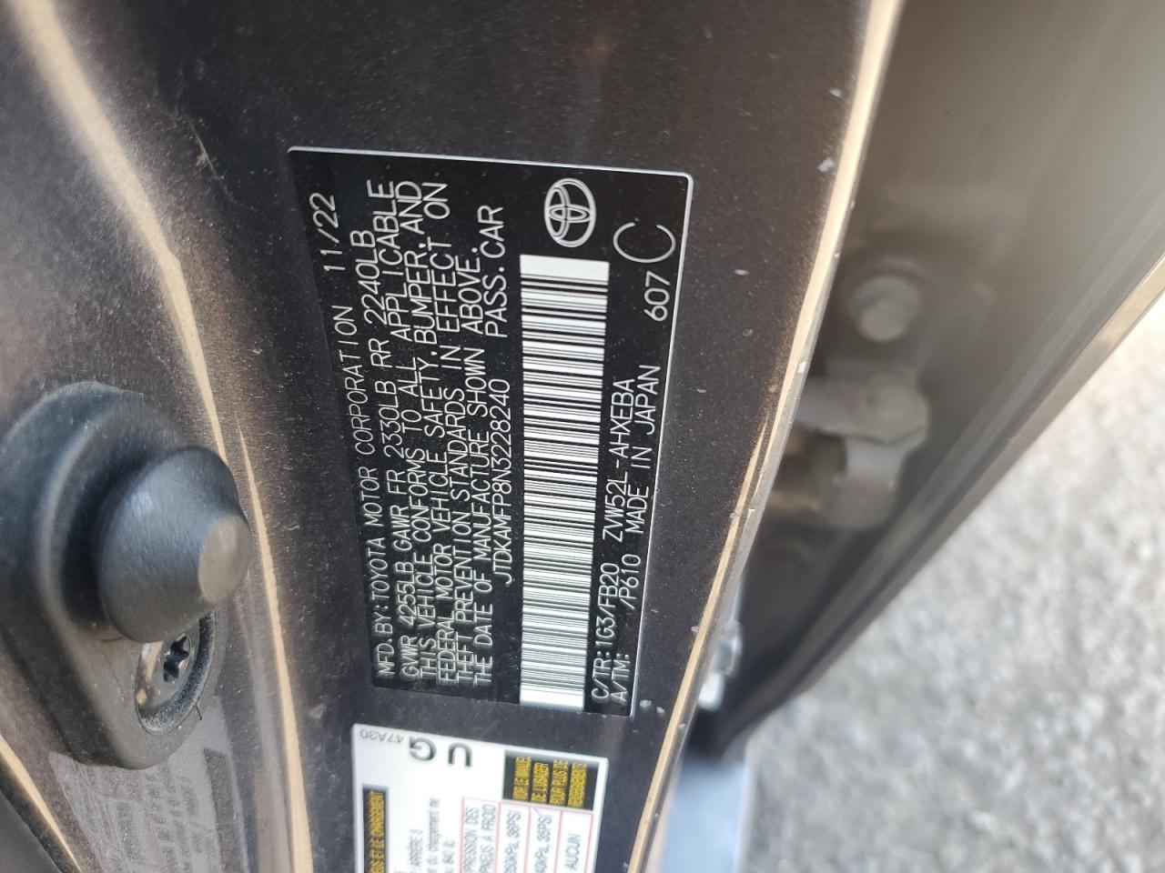 2022 Toyota Prius Prime Le VIN: JTDKAMFP8N3228240 Lot: 84977275