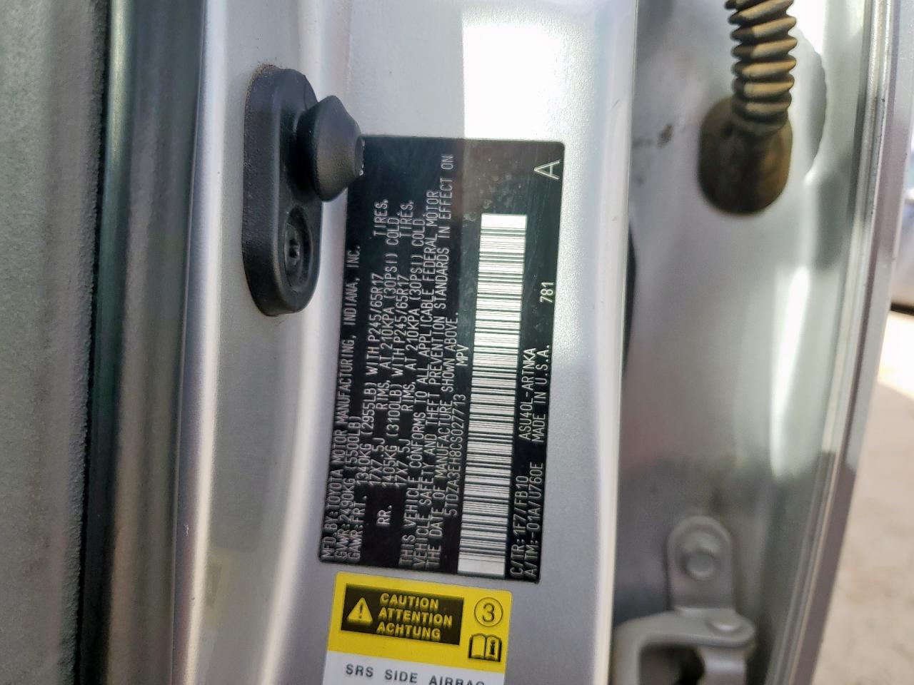 2012 Toyota Highlander Base VIN: 5TDZA3EH8CS027713 Lot: 85548505