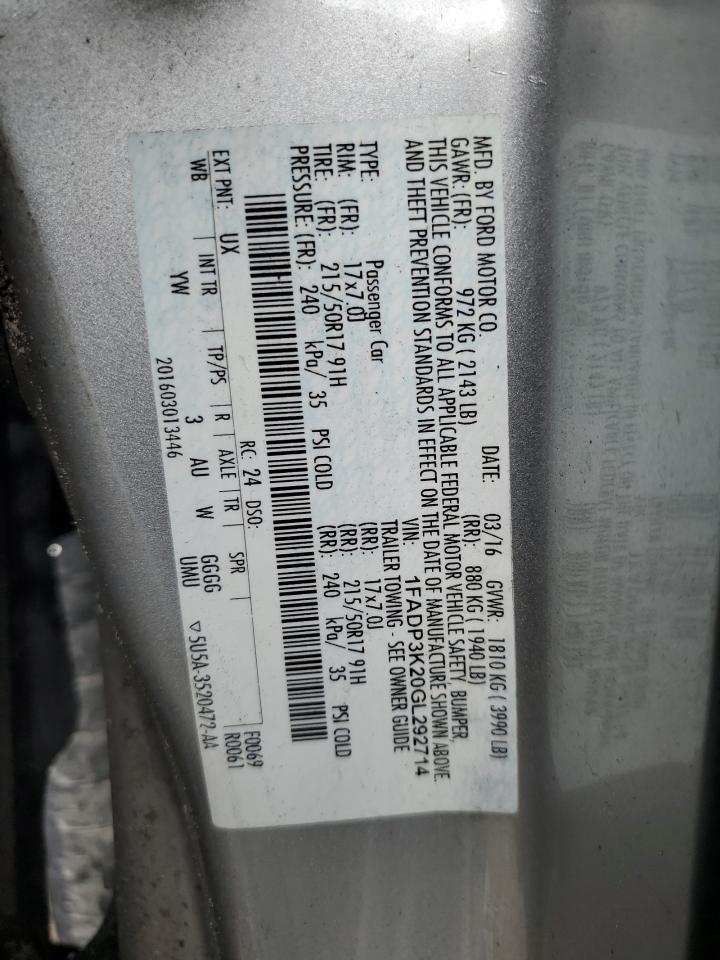 2016 Ford Focus Se VIN: 1FADP3K20GL292714 Lot: 89468965