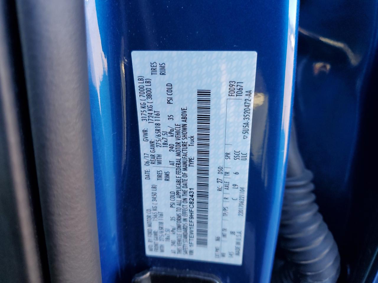 2017 Ford F150 Supercrew VIN: 1FTEW1EF9HFC82431 Lot: 85938125