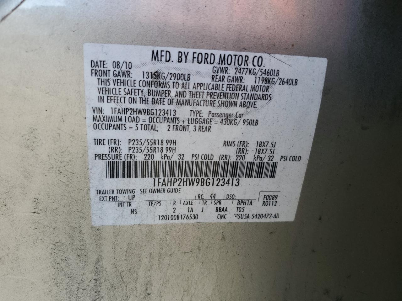 2011 Ford Taurus Sel VIN: 1FAHP2HW9BG123413 Lot: 89640365