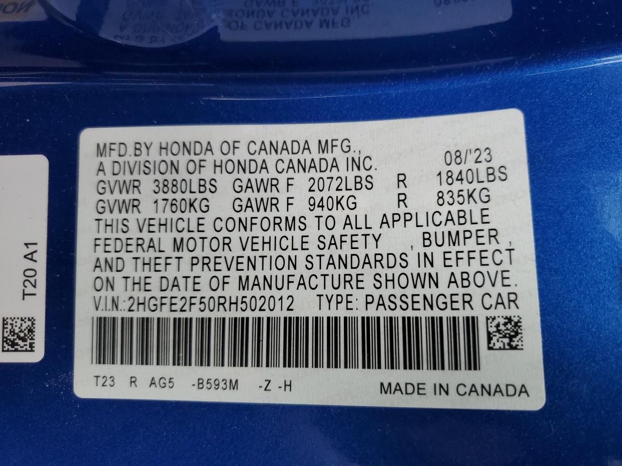 2024 Honda Civic Sport VIN: 2HGFE2F50RH502012 Lot: 82348985