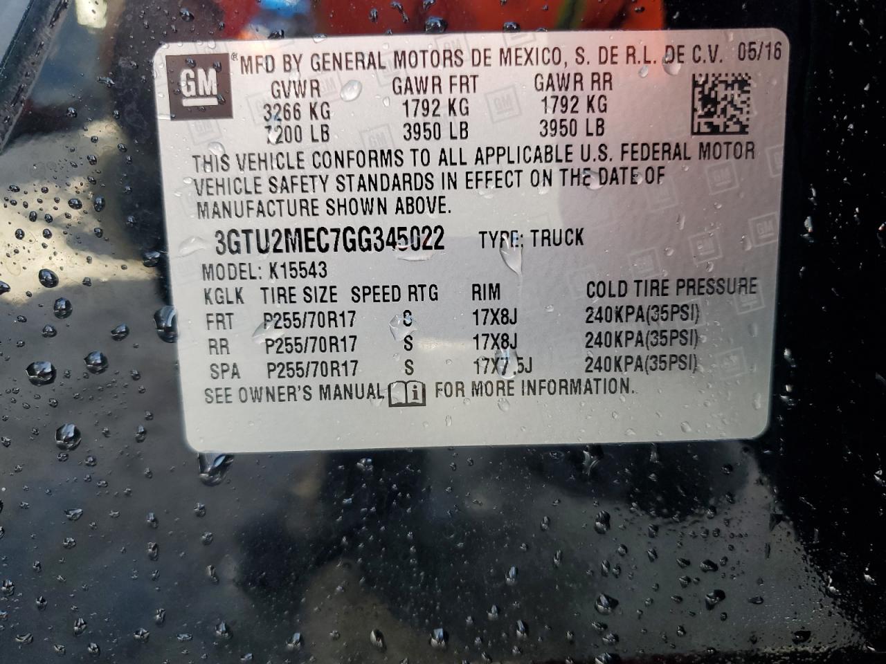 2016 GMC Sierra K1500 Sle VIN: 3GTU2MEC7GG345022 Lot: 91646925