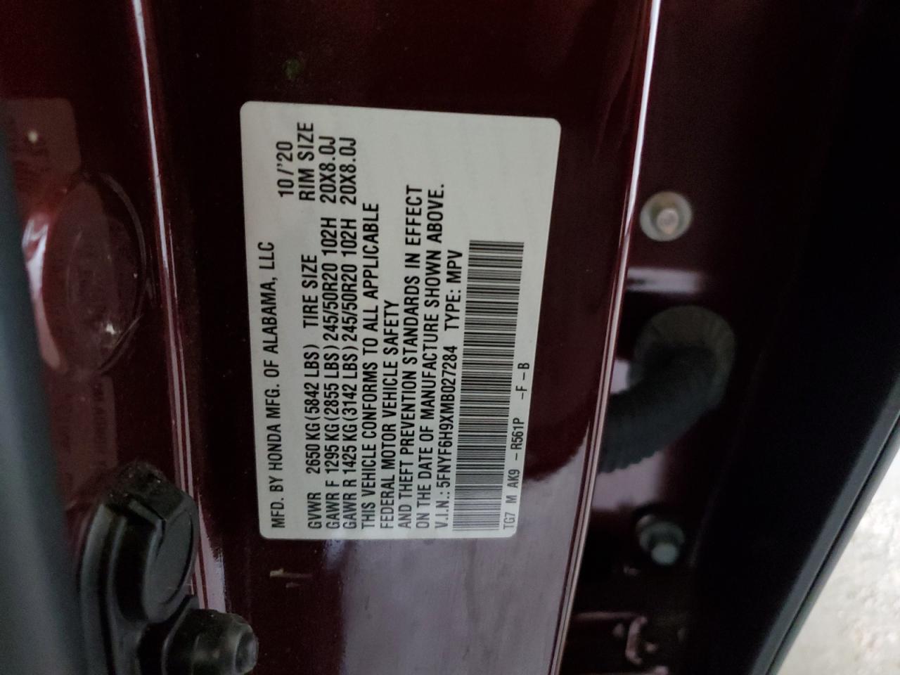 2021 Honda Pilot Touring VIN: 5FNYF6H9XMB027284 Lot: 90485635