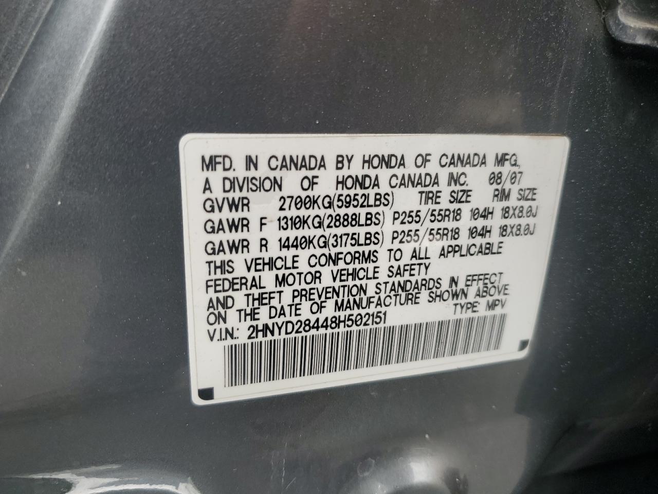 2008 Acura Mdx Technology VIN: 2HNYD28448H502151 Lot: 85933345