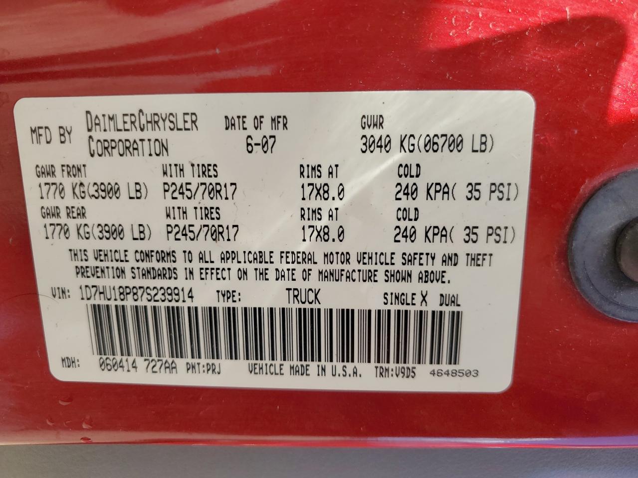 2007 Dodge Ram 1500 St VIN: 1D7HU18P87S239914 Lot: 85370975