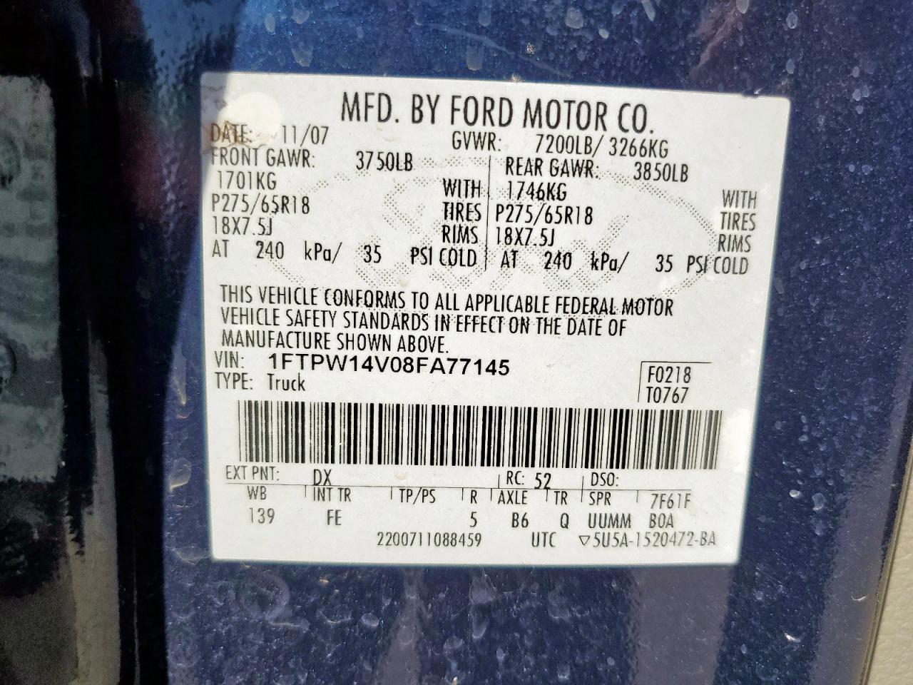 2008 Ford F150 Supercrew VIN: 1FTPW14V08FA77145 Lot: 82489225