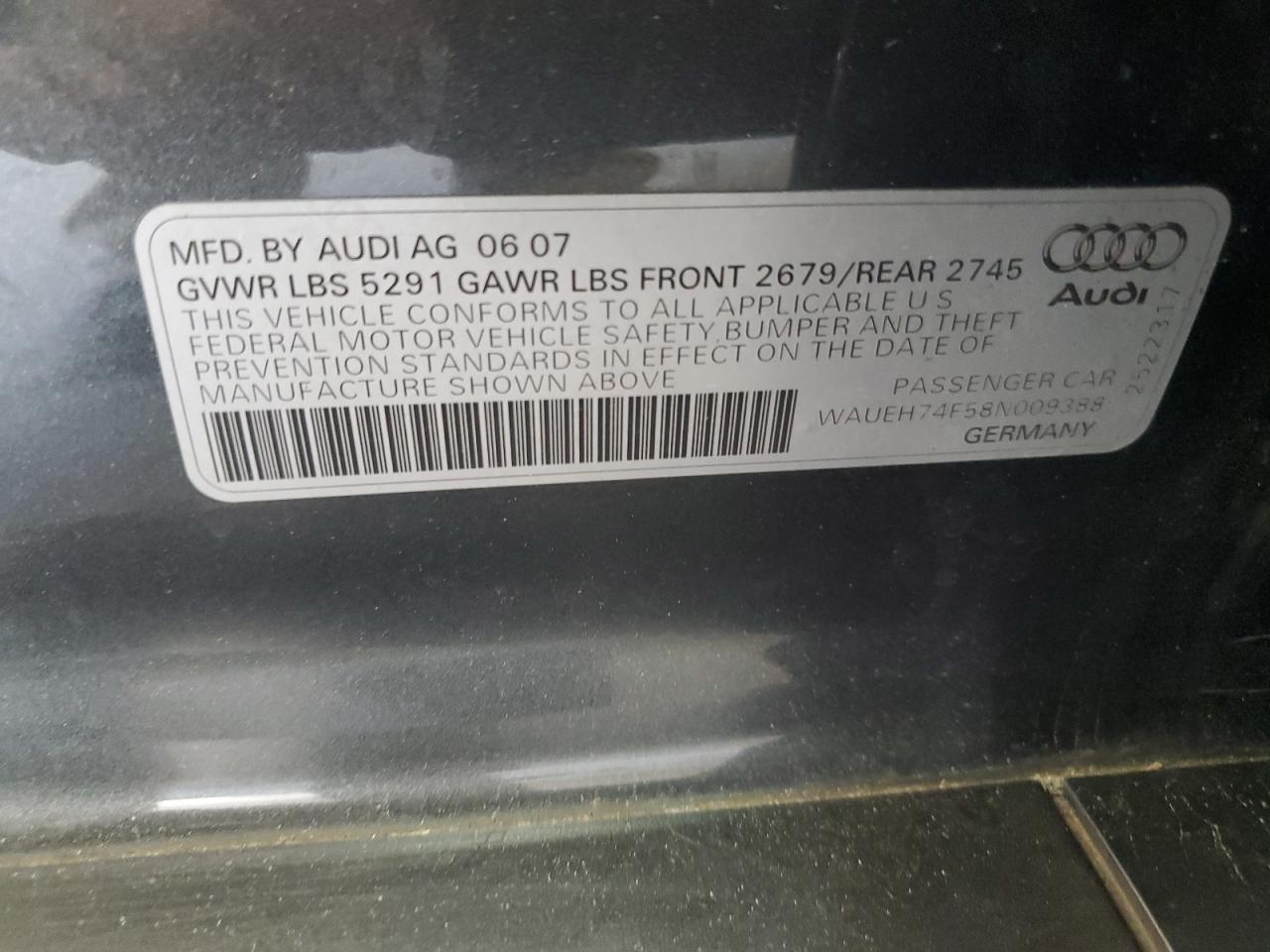 2008 Audi A6 S-Line 3.2 Quattro VIN: WAUEH74F58N009388 Lot: 91168235