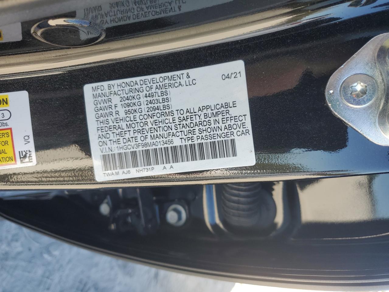 2021 Honda Accord Touring Hybrid VIN: 1HGCV3F98MA013456 Lot: 86236875