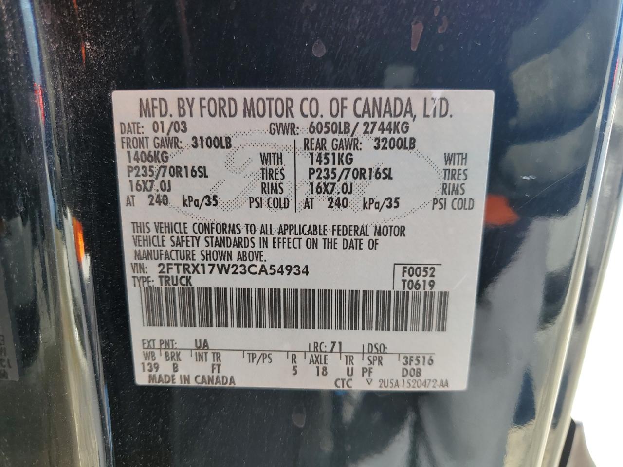 2003 Ford F150 VIN: 2FTRX17W23CA54934 Lot: 82503345