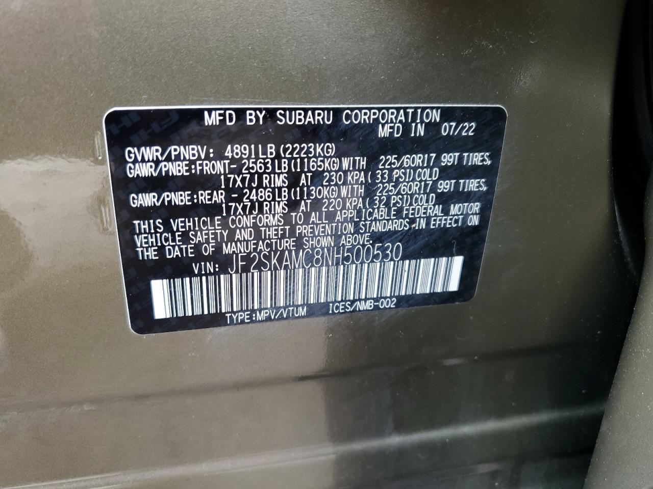 2022 Subaru Forester Wilderness VIN: JF2SKAMC8NH500530 Lot: 81894765