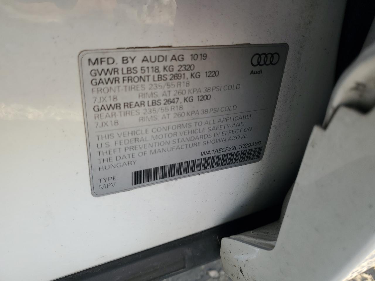 2020 Audi Q3 Premium VIN: WA1AECF32L1029498 Lot: 89678955