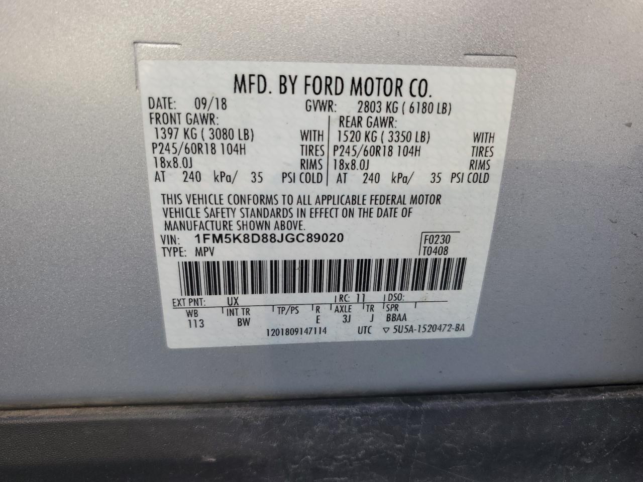 2018 Ford Explorer Xlt VIN: 1FM5K8D88JGC89020 Lot: 84909515