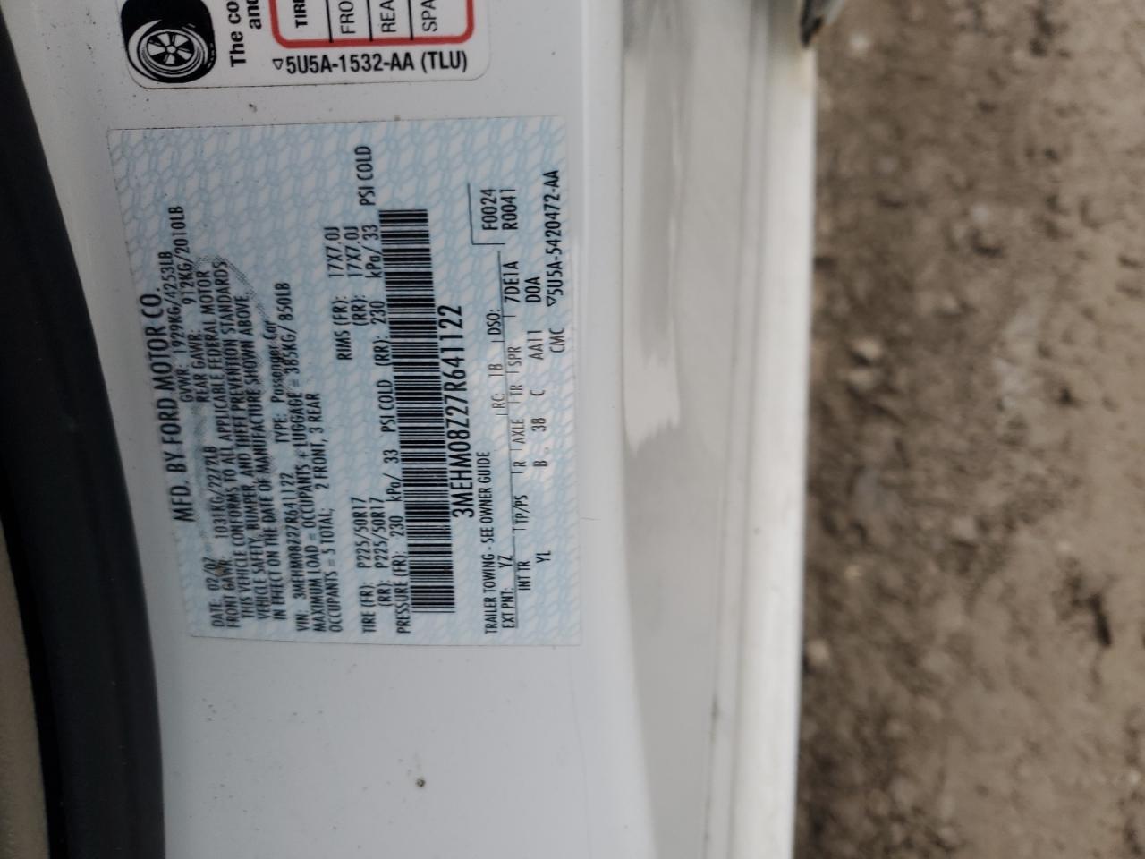 2007 Mercury Milan Premier VIN: 3MEHM08Z27R641122 Lot: 82714775