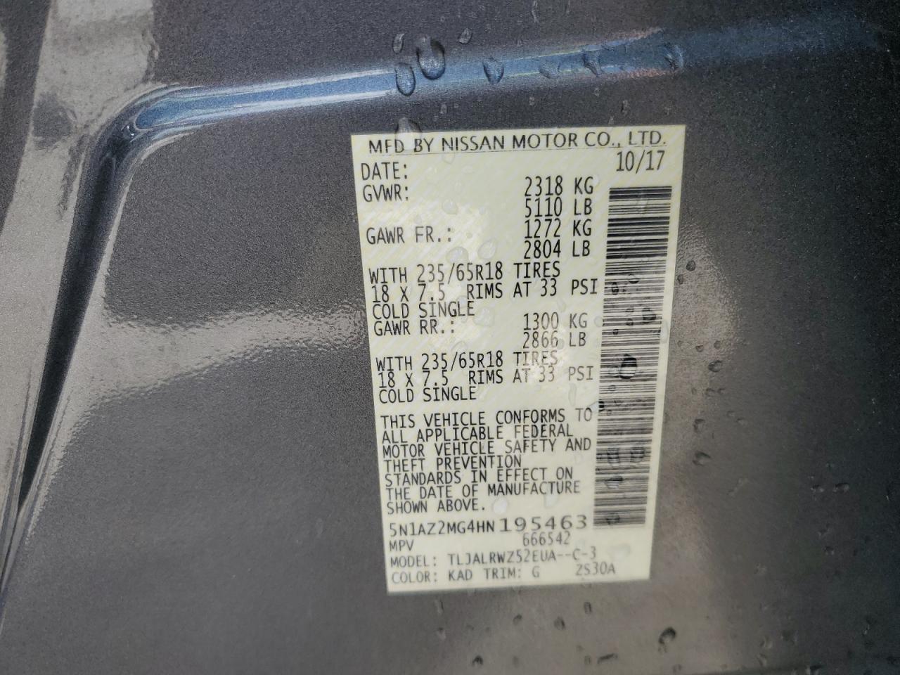 2017 Nissan Murano S VIN: 5N1AZ2MG4HN195463 Lot: 85073635