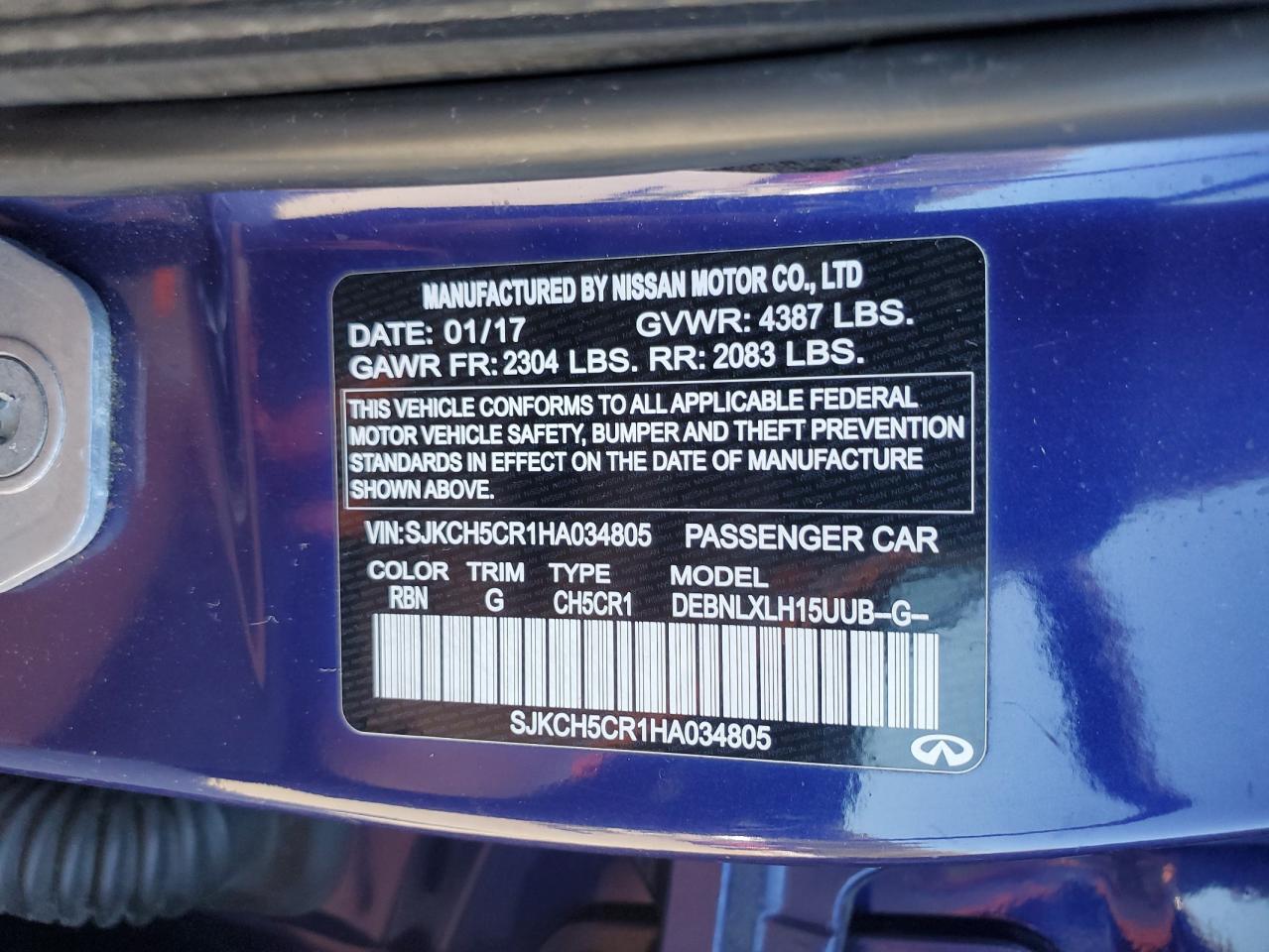 2017 Infiniti Qx30 Base VIN: SJKCH5CR1HA034805 Lot: 87401655