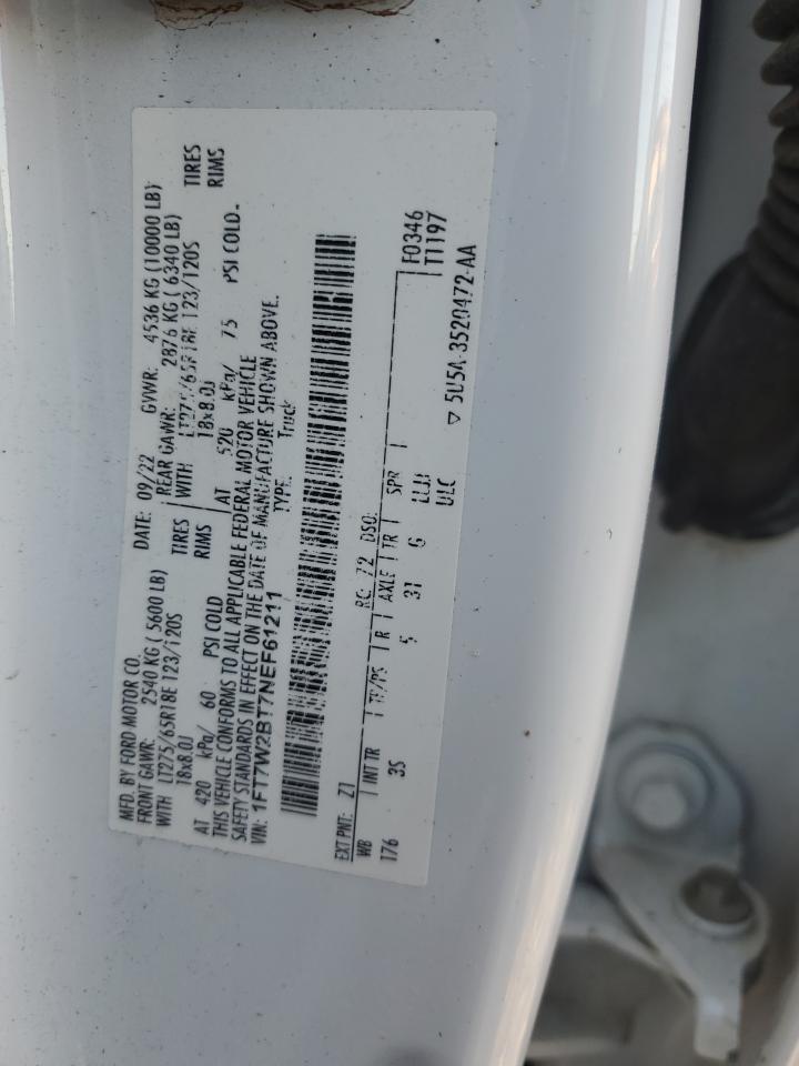 2022 Ford F250 Super Duty VIN: 1FT7W2BT7NEF61211 Lot: 82775285