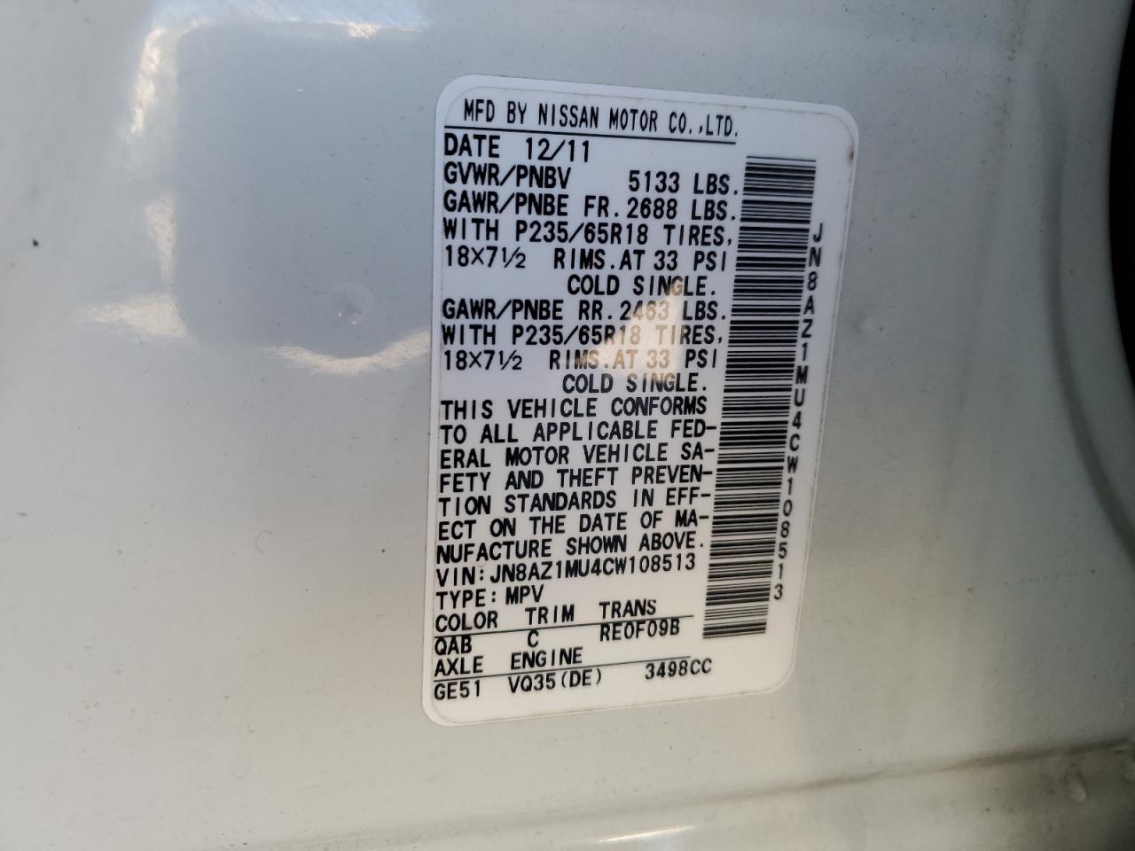 2012 Nissan Murano S VIN: JN8AZ1MU4CW108513 Lot: 86226335
