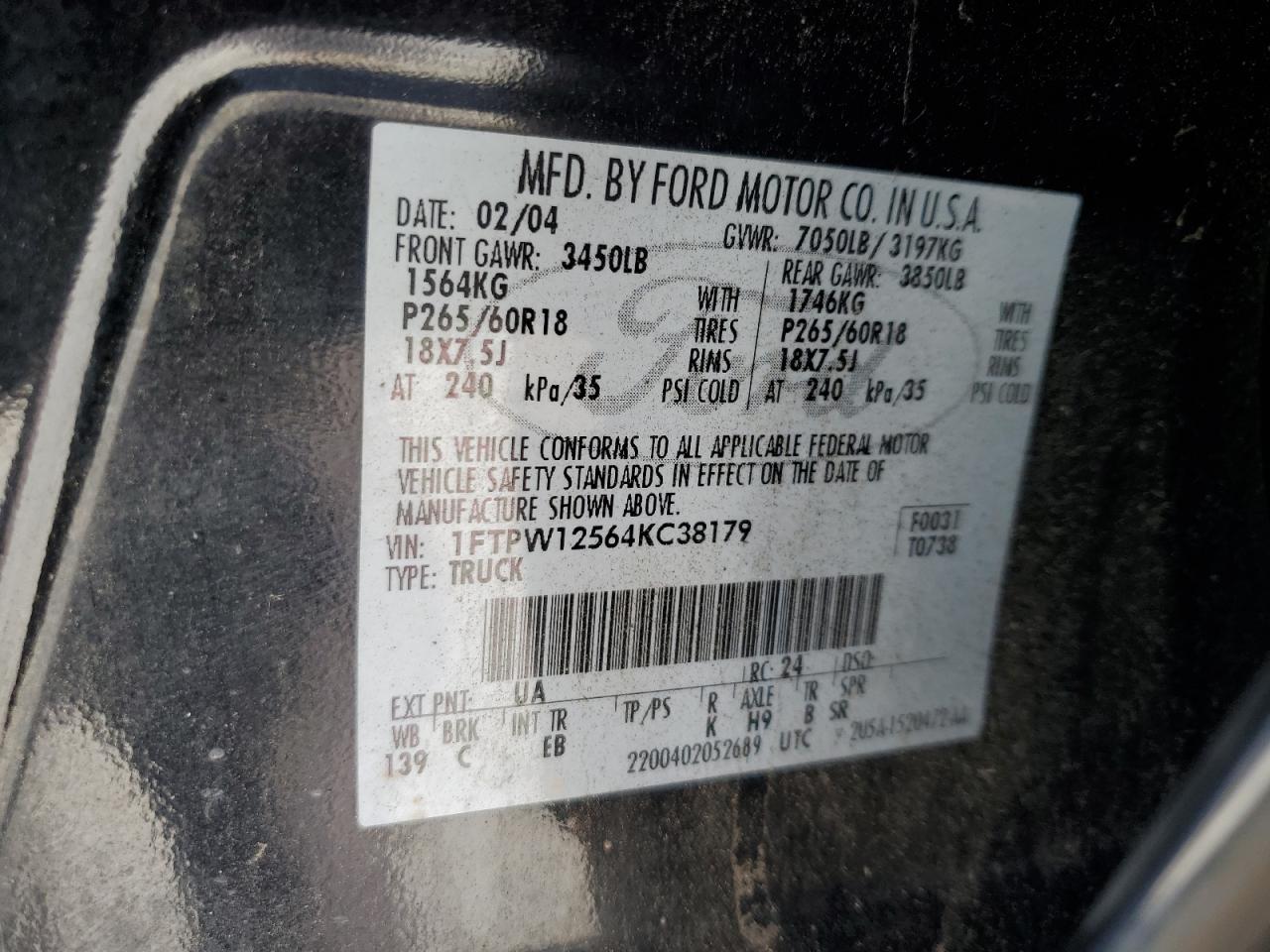 2004 Ford F150 Supercrew VIN: 1FTPW12564KC38179 Lot: 81983395