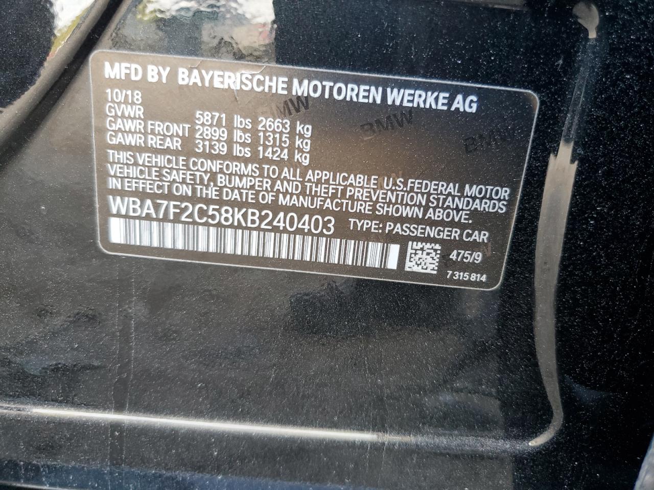 2019 BMW 750 Xi VIN: WBA7F2C58KB240403 Lot: 84191915